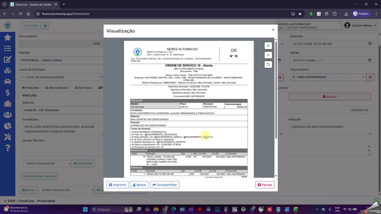 Apresentação da Ordem de Serviço para Oficinas Mecânicas