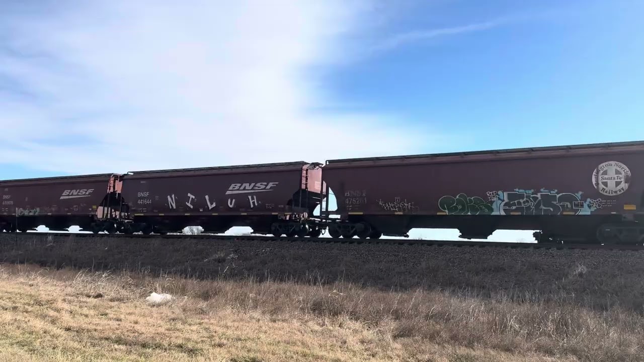 Southbound BNSF grain train with sticker unit second out 12/29/25