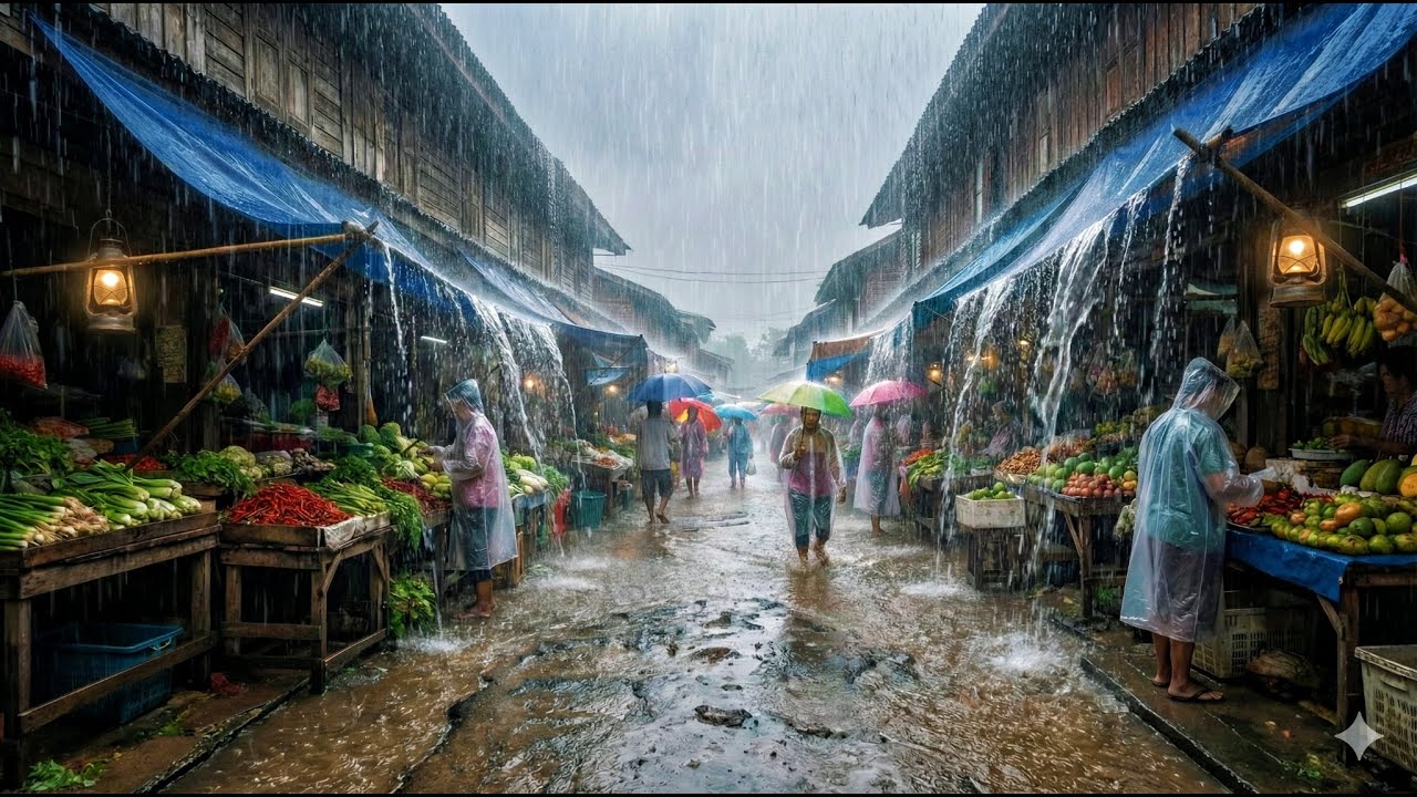 Walking in the pouring rain at a traditional Indonesianmařkèt, trading activities continue.