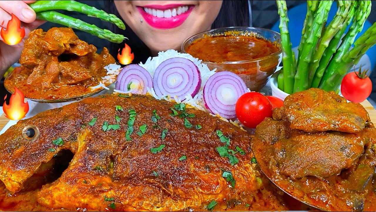 ASMR BIG FISH CURRY, CHICKEN LIVER & GIZZARD CURRY, ASPARAGUS, RICE MASSIVE Eating Sounds