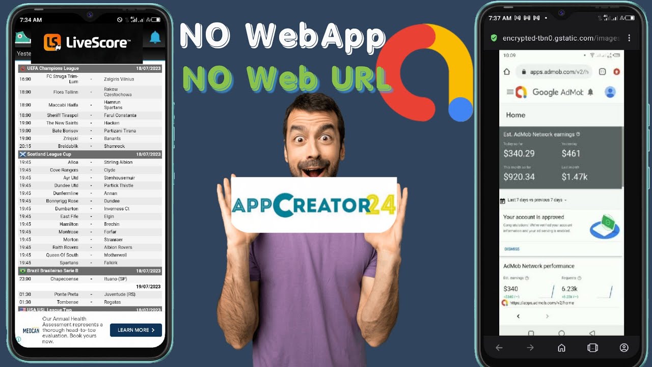 LiveScores Mobile App | AppCreator24 | No WebApp, No Copy-Pasting URLs and Get Pay from AdMob Faster