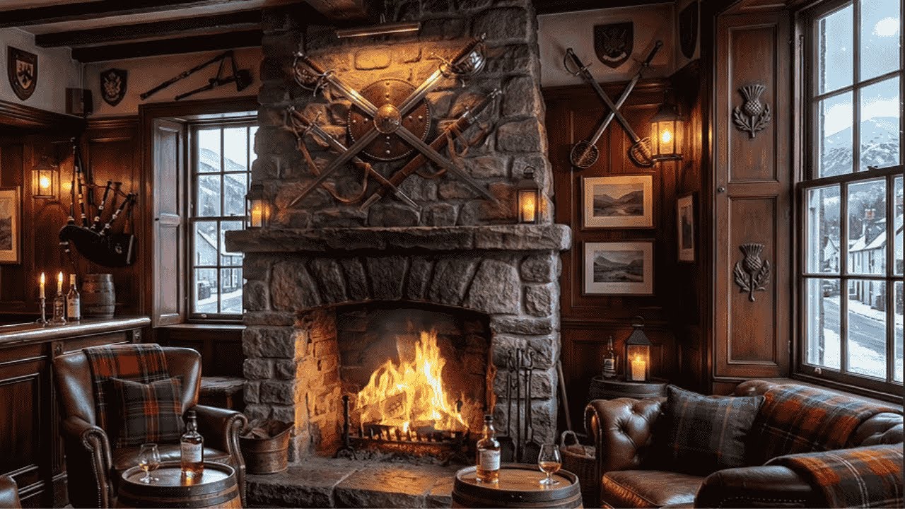 Cozy Scottish Highland Pub Fireplace ❄️ | Celtic Music Ambience | Bagpipes, Fiddle & Fire