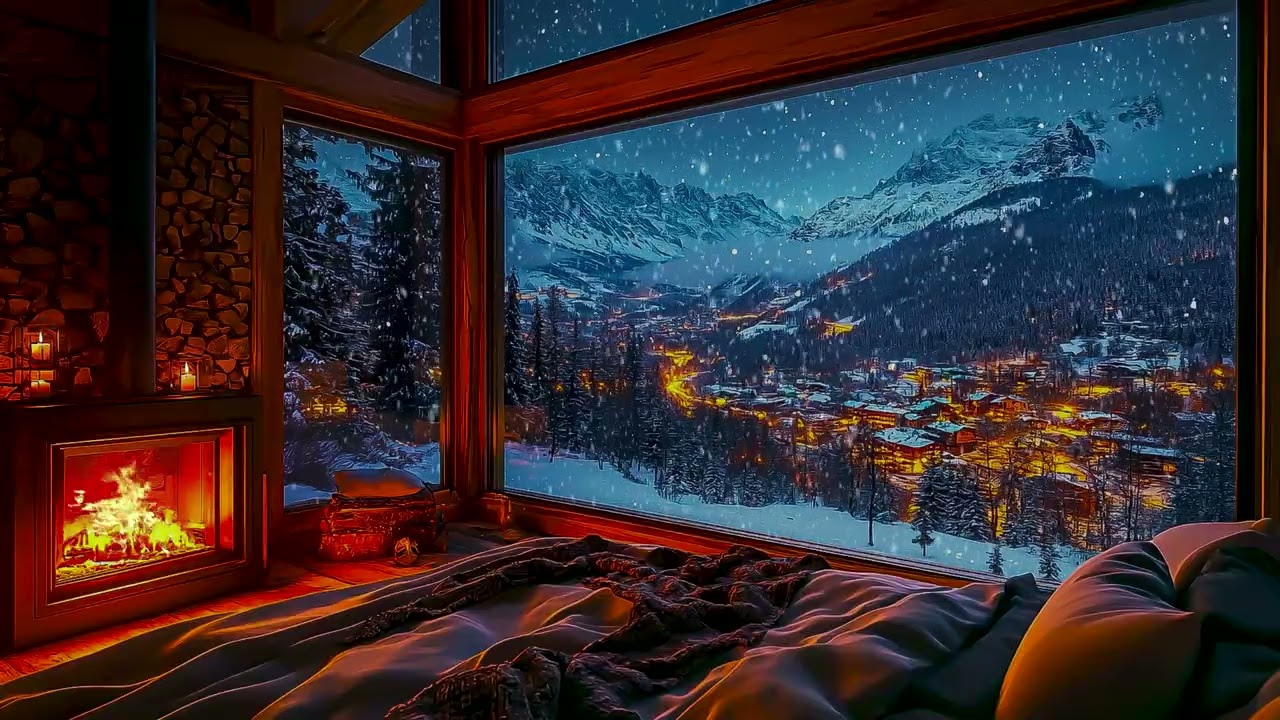 Cozy Winter Serenity: Crackling Fire & Soft Snowfall for the Perfect Relaxing Atmosphere to Unwind