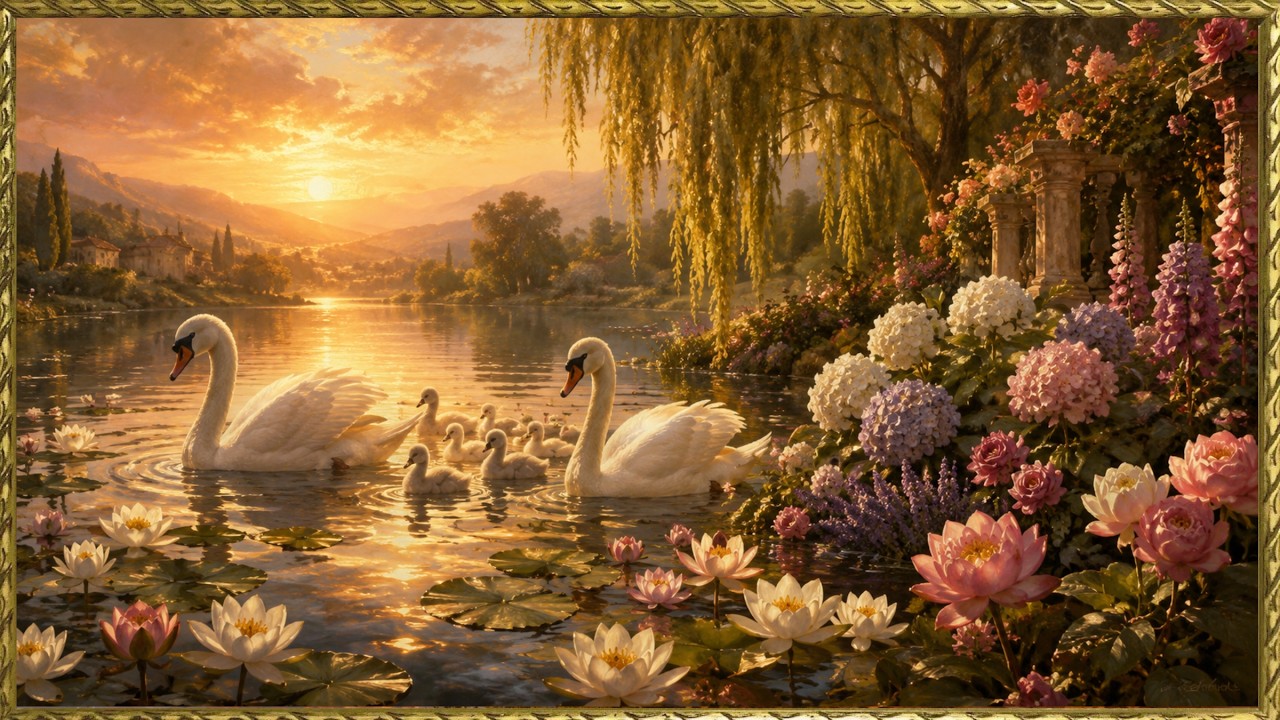Gold Framed Vintage | Royal Swan Family Oil Painting | The Art Corner 4K