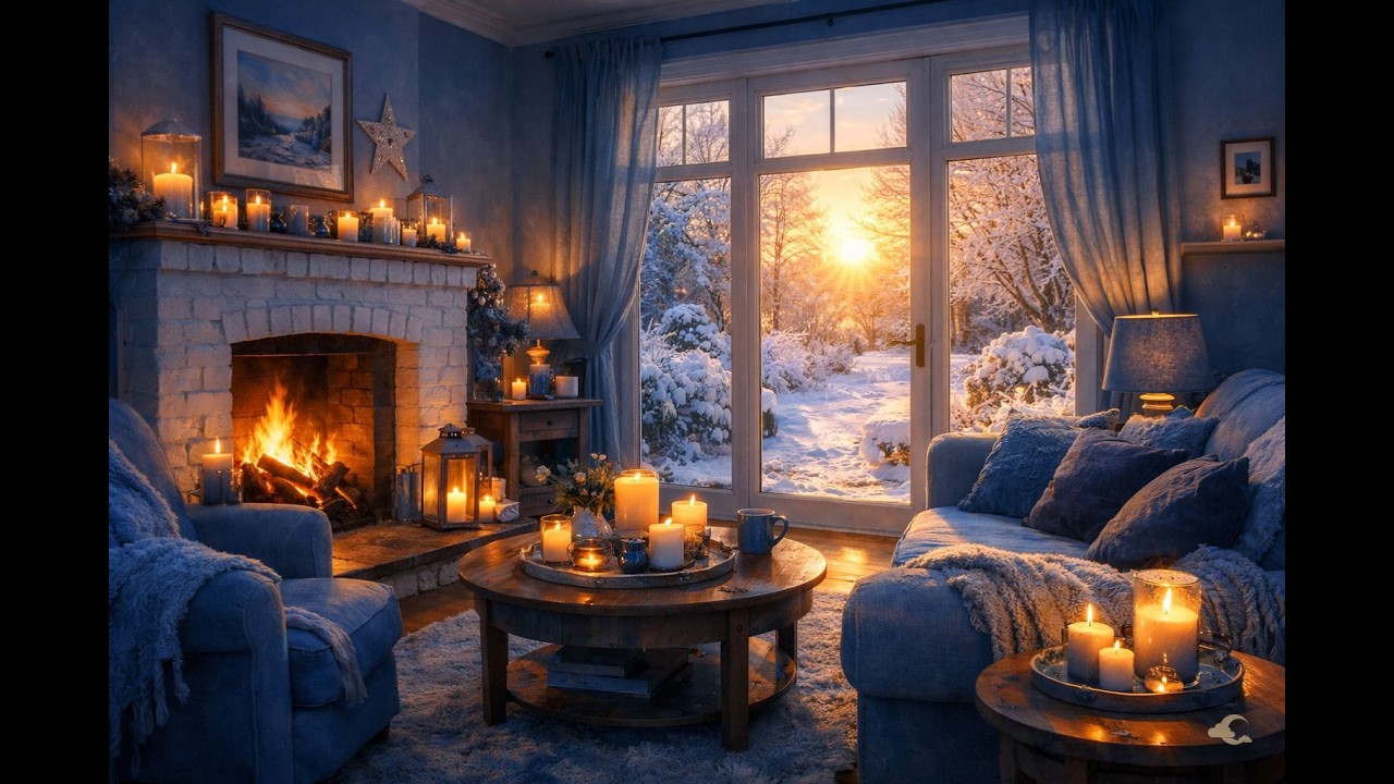 Relaxing Piano at Sunrise ✨ Cozy Fireplace, Snowy Window & Candlelight for Relaxation, & Calm
