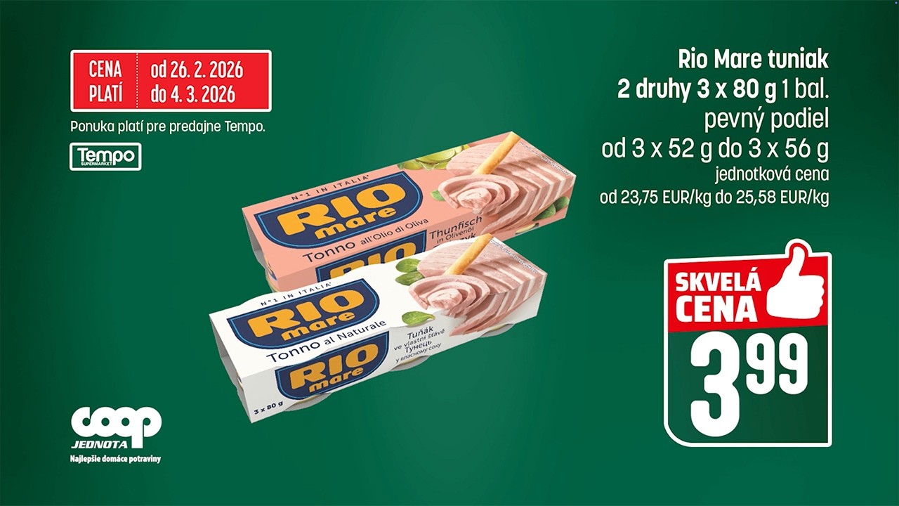 Rio Mare tuniak, Pilsner Urquel a Losos filet s kožou v akcii | COOP Jednota | 2026