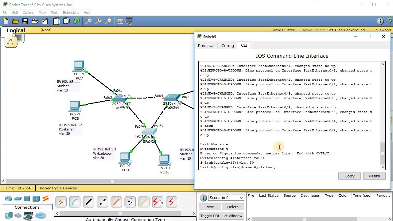 Cicsco packet tracer konfiguracja switcha (VLAN, TRUNK, ACCESS)