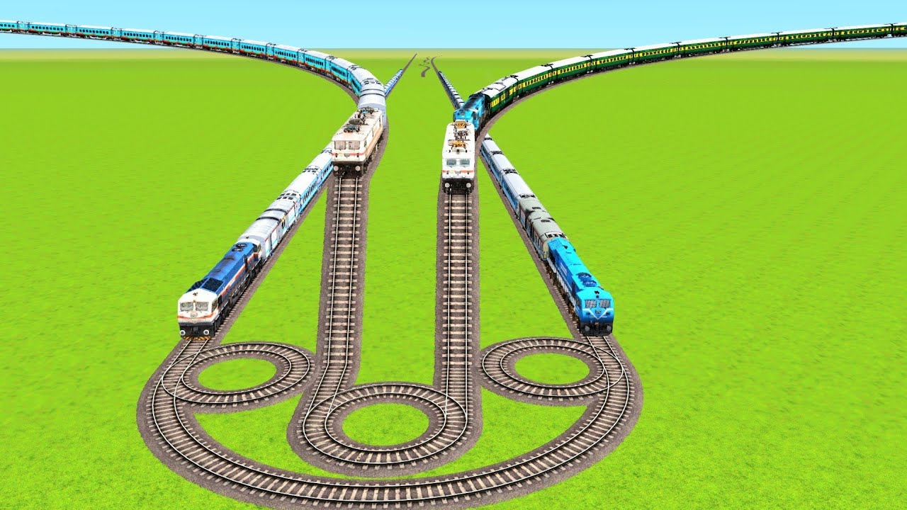 FOUR FASTEST TRAINS ROUNDING CROSS AND ACCIDENT ON THREE CIRCLE RAIL ROAD TURNS|Train Simulator|