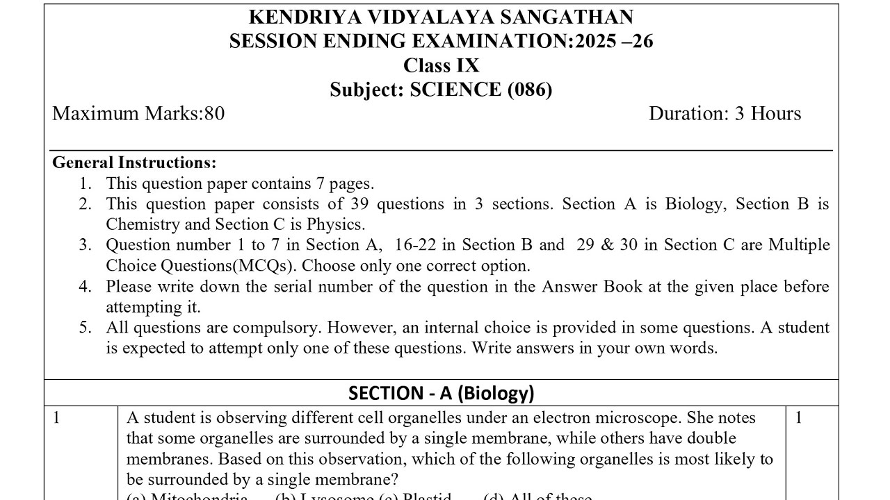 Class-9 Science / Annual Exam 2026 Question Paper Session Ending PM SHRI KV Term2 SEE 2025-26
