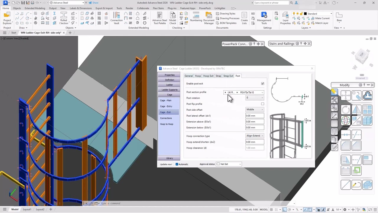 PowerPack for Advance Steel: Cage Ladder - Right Side Cage Exit Setup (Stairs & Railings)