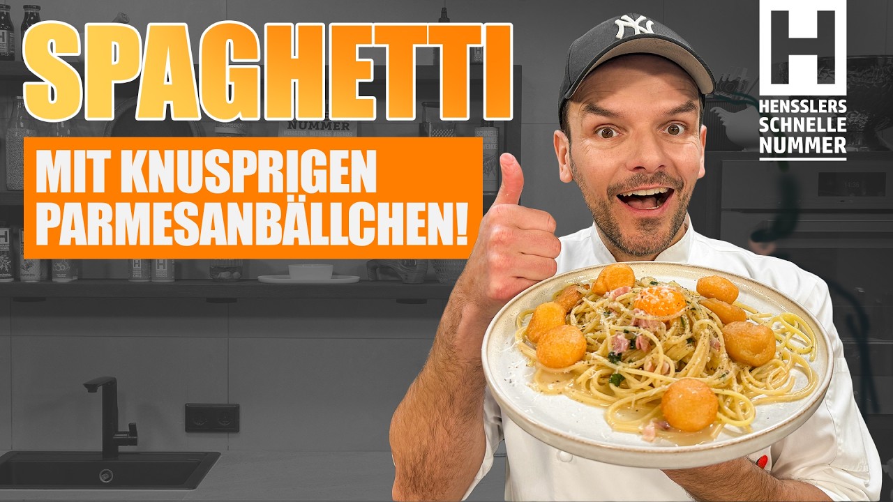 Spaghetti mit knusprigen Parmesanbällchen und Speck