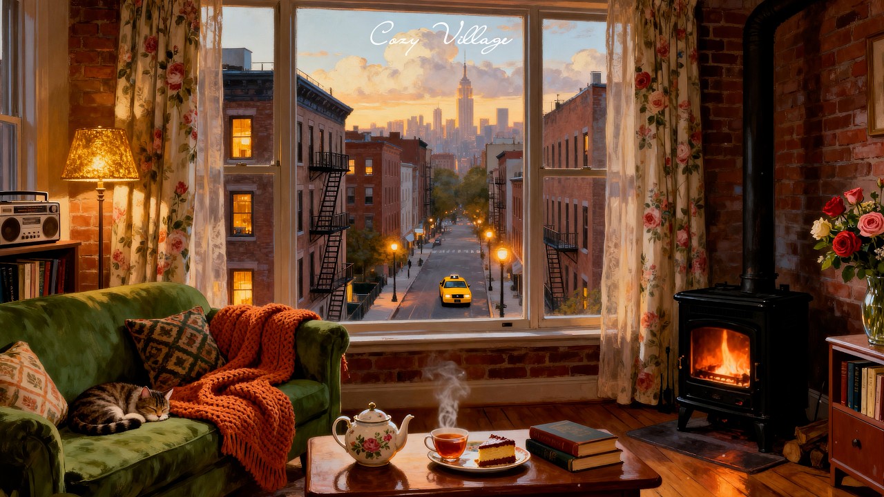 Relaxing 1950s New York City in a Cozy Apartment with Vintage Oldies Playing in Another Room