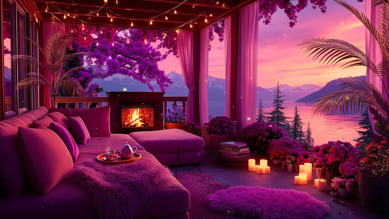 Cozy Sunset Balcony Fireplace 🌅 Relaxing Lake View Ambience for Sleep and Study 4K