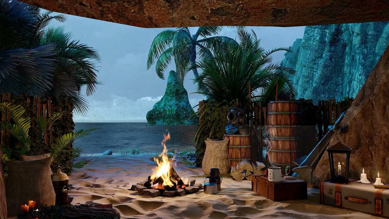 Hidden Cave on the Desert Island-Wind and Rain Ambience-Stranded on a Desert Island-Hiding in a Cave