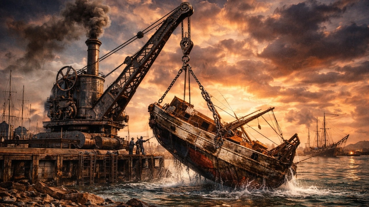 Historic Restoration — 19th Century Steam Crane 140 Years Harbor Wreck.