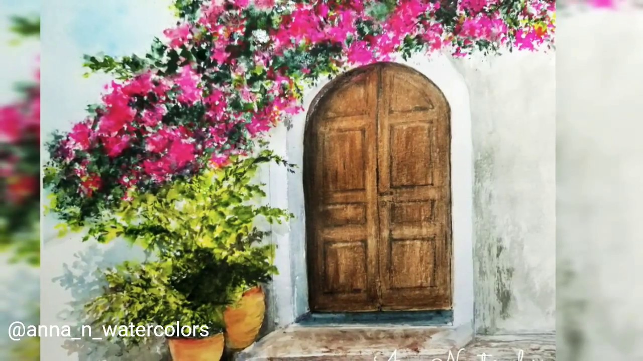 Old Wooden Door Watercolor Painting