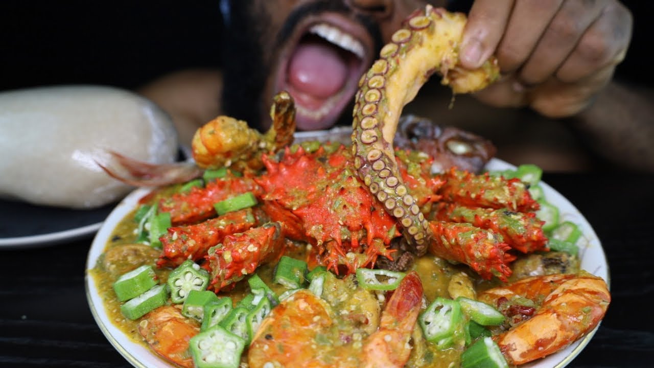 Seafood Crab,Fish,Octopus,Snails Nigeria Okro Soup.Long awaited African Eating Show video !