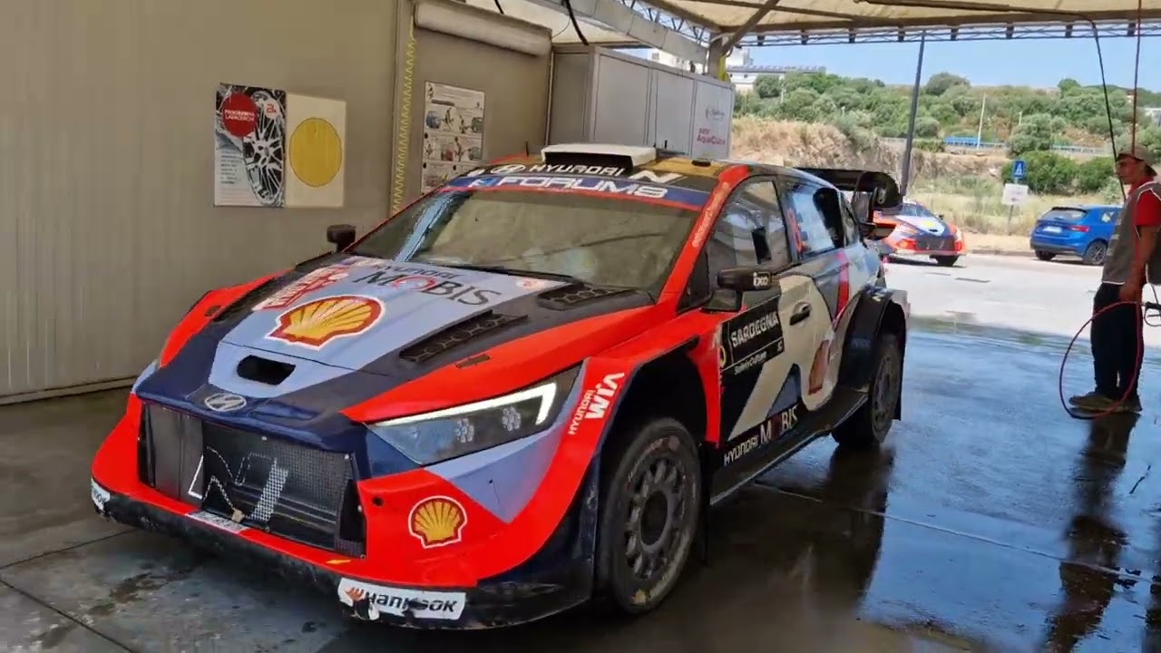 WRC Rally Italia Sardegna 2025 rally cars getting a wash after dusty Fri morning loop