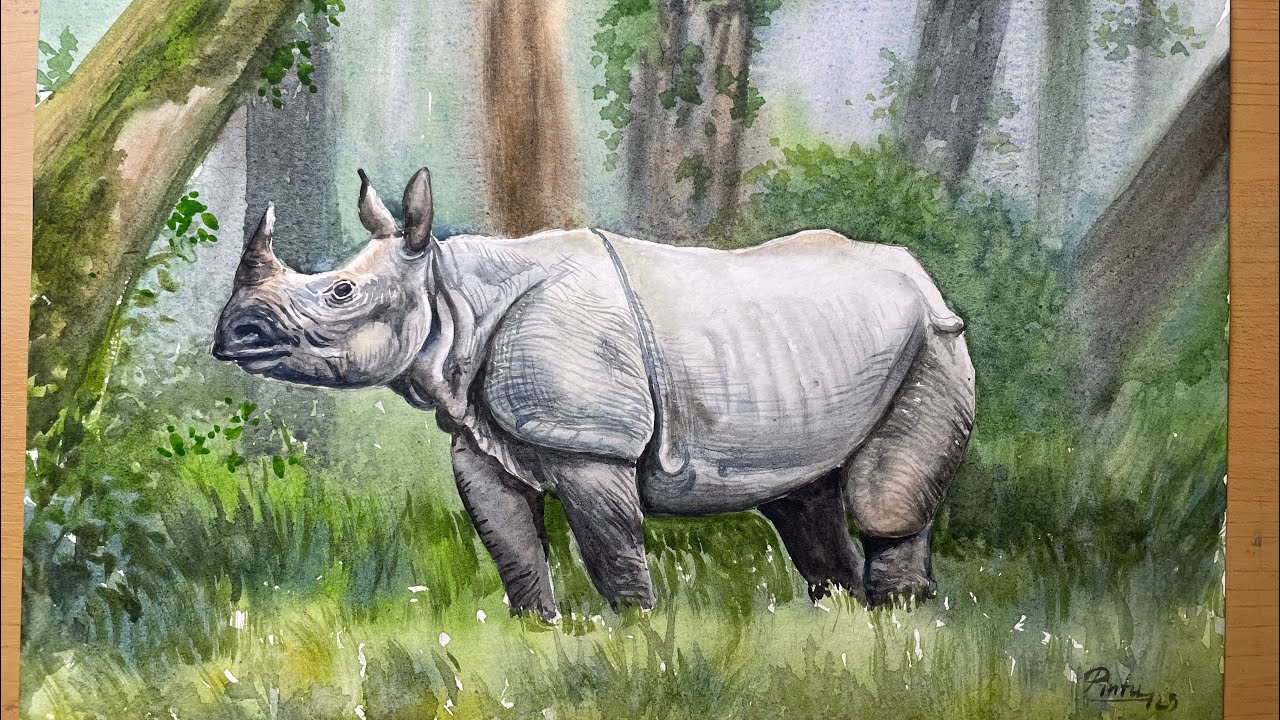 Indian One-Horned Rhino Watercolor Painting | Wildlife Art