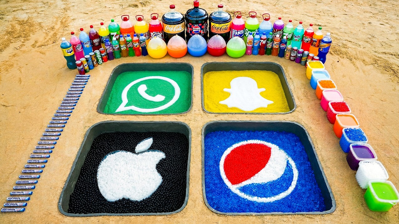 How to make Apple, Pepsi, WhatsApp & Snapchat Logos Using Orbeez, Big Pepsi, Coca Cola and Mentos