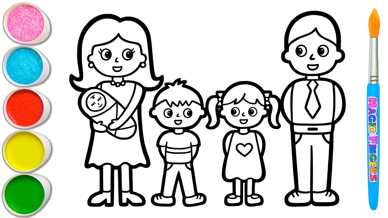 Mari Menggambar Gambar Keluarga Dengan 2 Anak, Seorang Bayi 👩🏻👶🏼👧🏼👨🏻 Halaman Mewarnai Edukatif #384