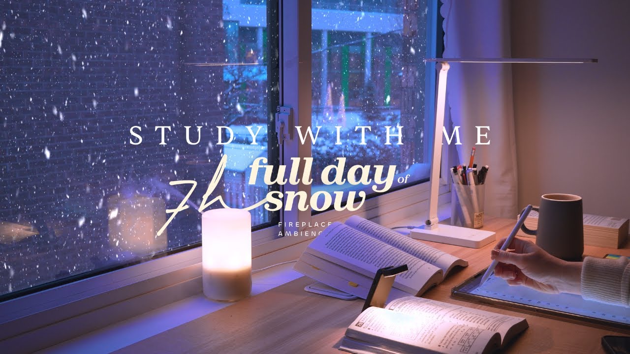7-HOUR STUDY WITH ME ❄️ Snowy Day / 🔥 Fire Crackling / Pomodoro 50-10 / Full Day of Snow [ambient]