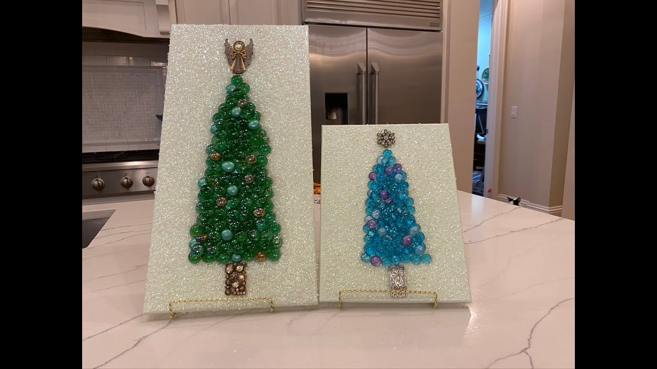 #22 EPOXY RESIN GLASS CHRISTMAS TREES ON CANVAS ONE WITH EPOXY RESIN AND ONE WITH MOD PODGE