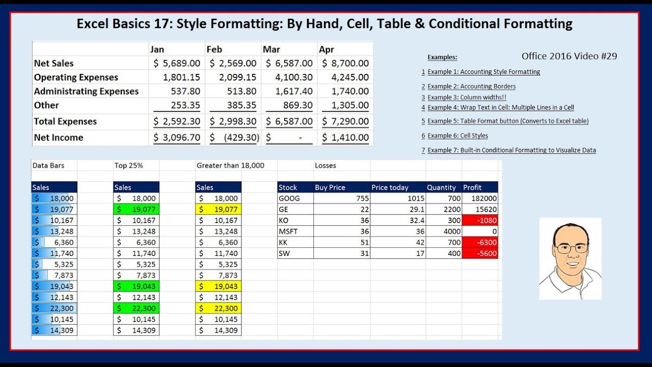 Excel Basics 17: Style Formatting: By Hand, Cell, Table & Conditional Formatting