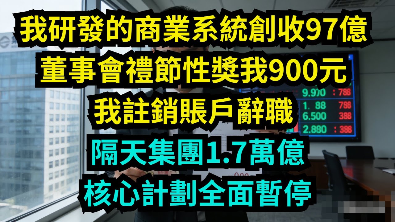 我研發的商業系統創收97億，董事會禮節性獎我900元，我註銷賬戶辭職，隔天集團1.7萬億核心計劃全面暫停【奇聞秘事】#奇聞#秘事#故事 #职场 #职场故事 #奖金