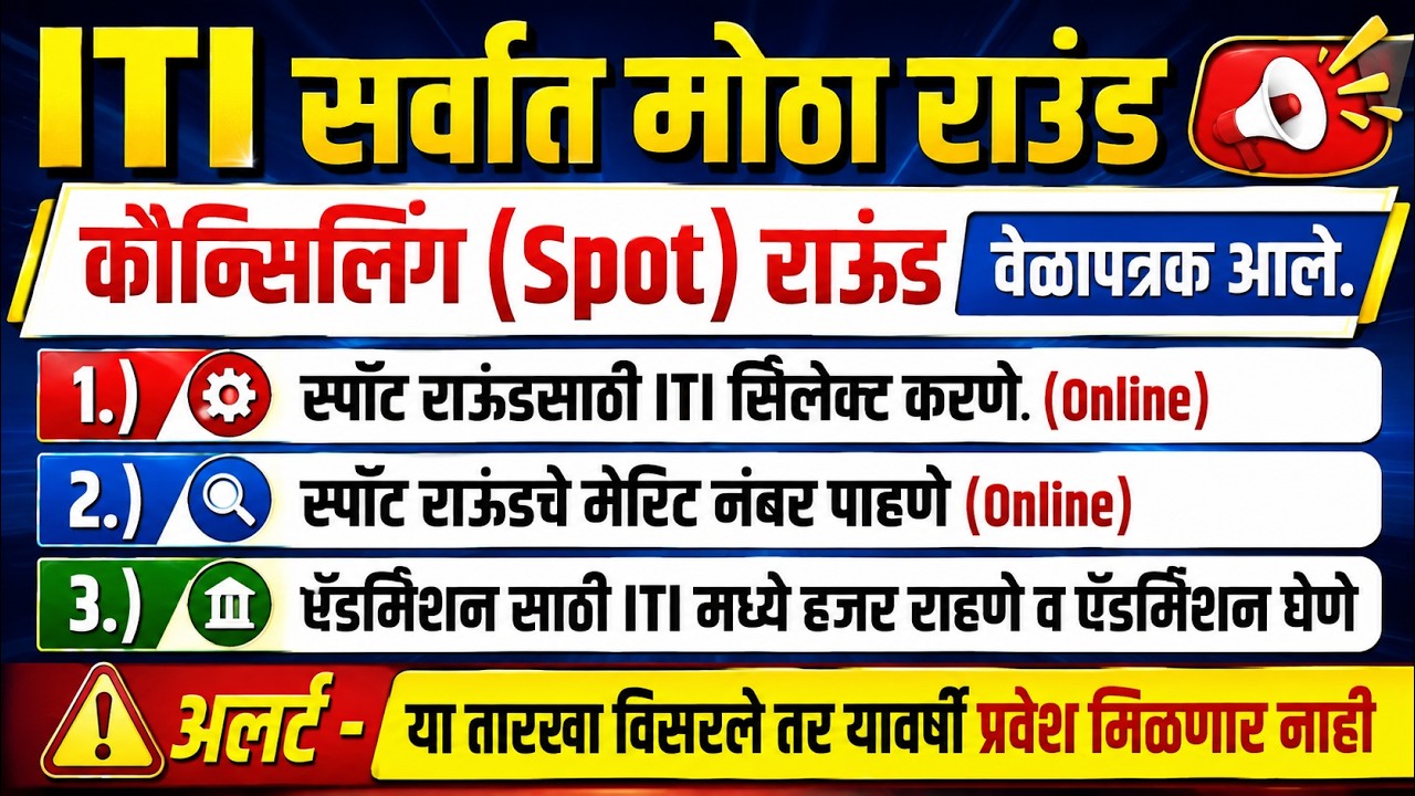 ITI कौन्सिलिंग (स्पॉट) राउंड वेळापत्रक आले. ITI सर्वात मोठा राउंड