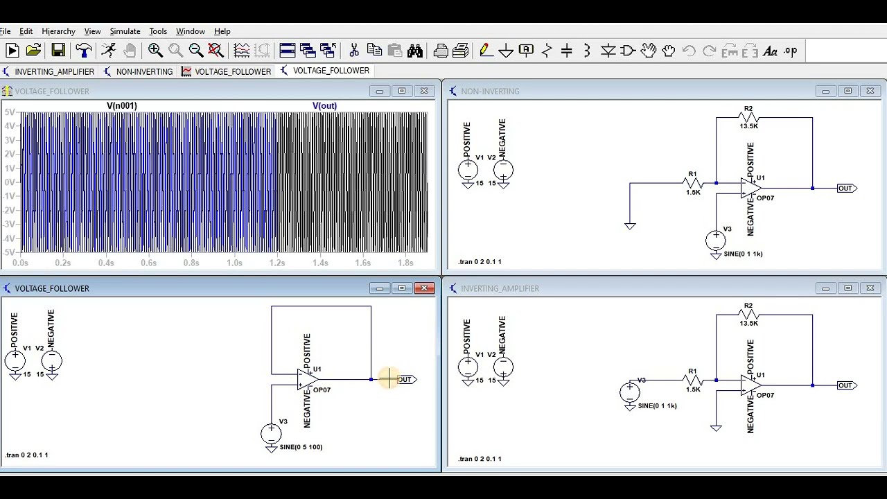 OPAMP- INVERTING, NON-INVERTING, VOLTAGE FOLLOWER USING LTSPICE
