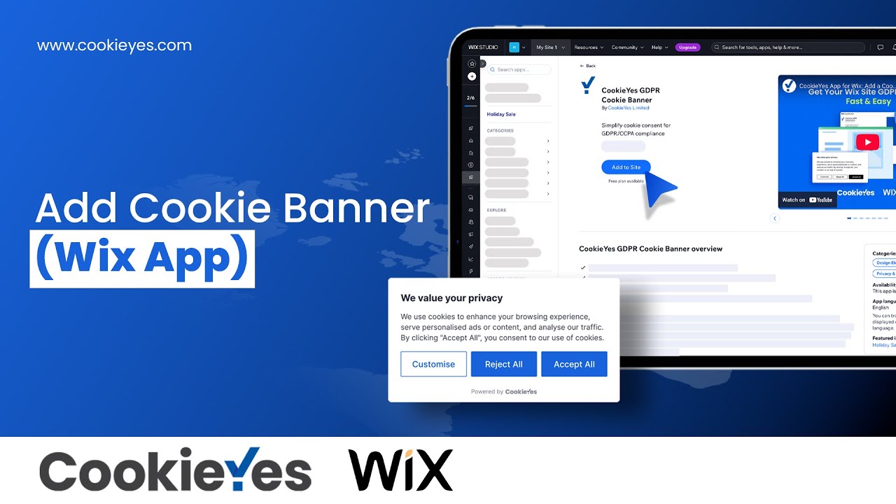 Приложение CookieYes для Wix: добавьте баннер о соблюдении GDPR-требований за считанные минуты.