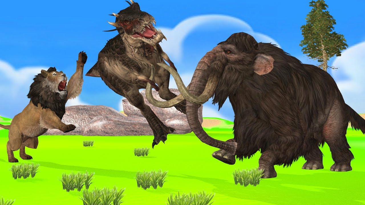 Mammoth Elephant Vs Lion Dinosaur T-rex Chase Animal Fights Woolly Mammoth Animal Epic Battle New