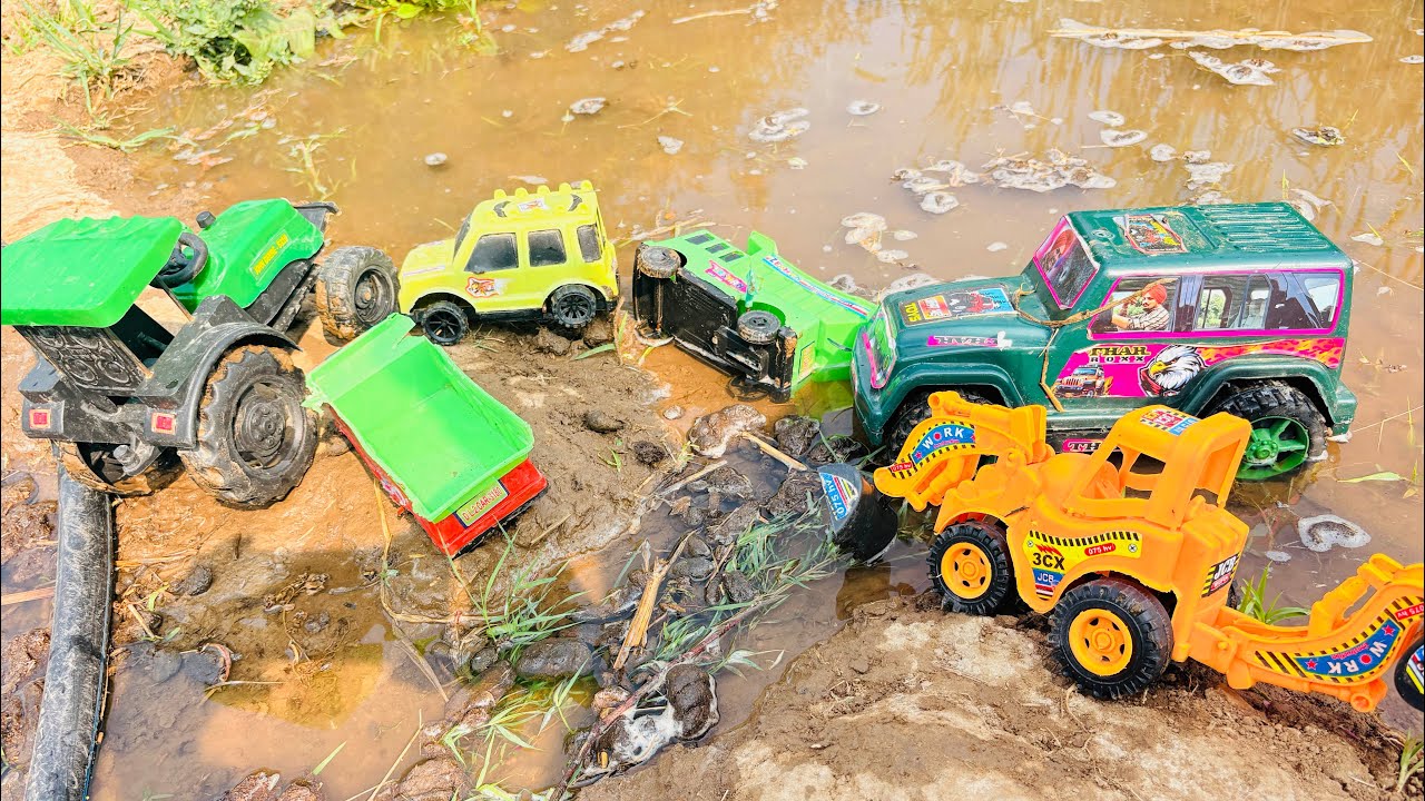  नदी में फस गई गाड़ियां mini tractor 🚜 MahendraThar kitchen mini car 🚗 toy #jcb kids 