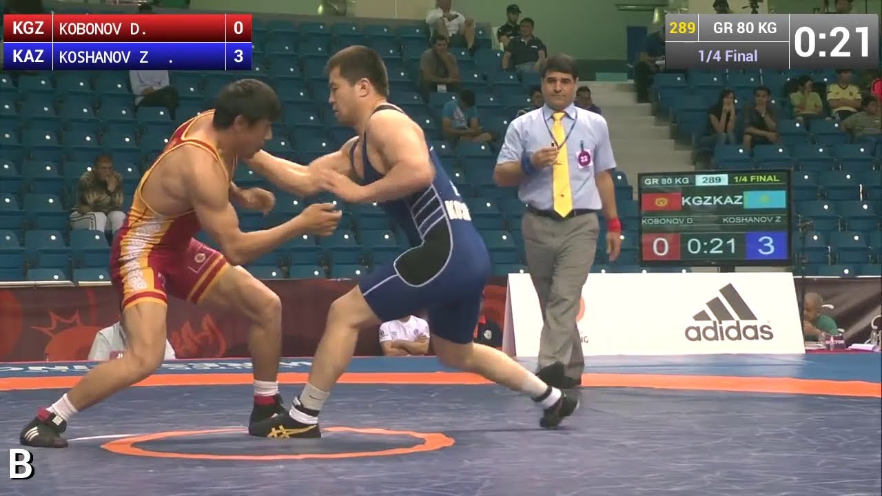 1/4 GR - 80 kg: Z. KOSHANOV (KAZ) df. D. KOBONOV (KGZ), 6-2