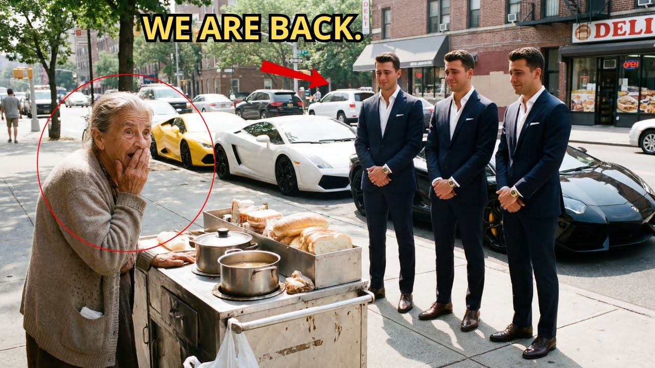 POOR Old Woman Fed Homeless Triplets — YEARS LATER, Three LAMBORGHINIS Stopped at Her Cart