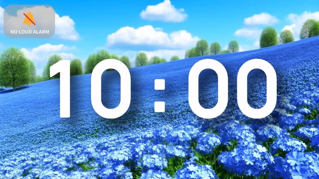 10 Minute Timer with Music — Calm Relaxing Piano Blue Sky Nemophila Flower Field — NO LOUD ALARM
