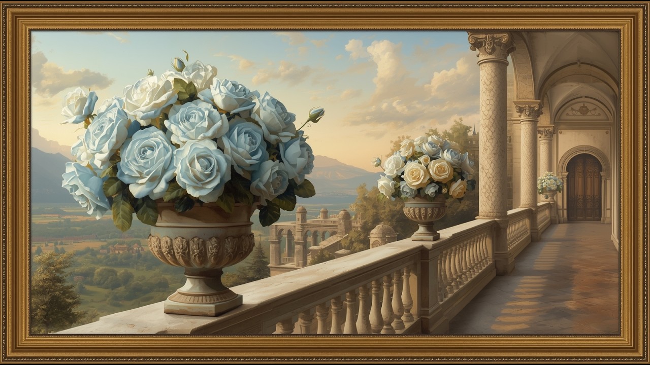 Vintage Pastel Blue Roses Oil Painting | Elegant Gold Frame | Renaissance terrace |TV Screensaver 4K