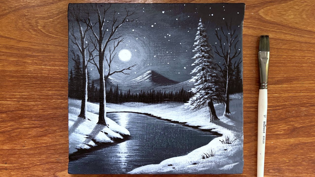 Winter Night Landscape Painting for beginners | Acrylic Painting Winter | Canvas Painting