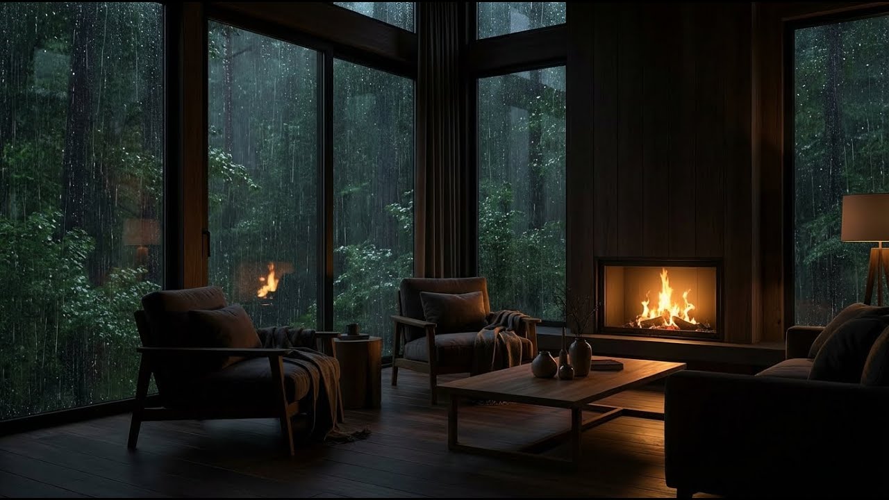 Deep Serenity | Soft Piano Rain in Modern Rustic Room with Fireplace | Heal Your Mind Today 🌧️🎹
