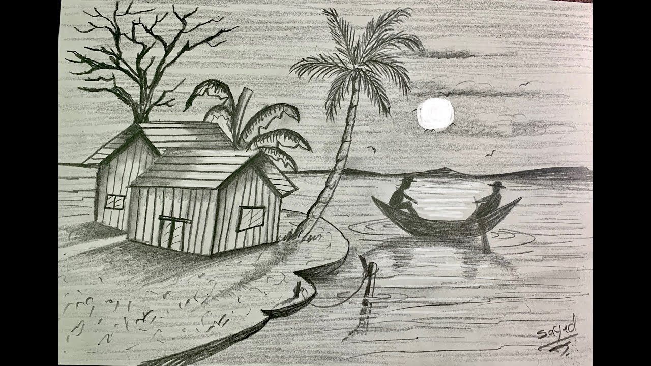 تعليم رسم منظر طبيعي مقمر بالقلم الرصاص خطوة بخطوة