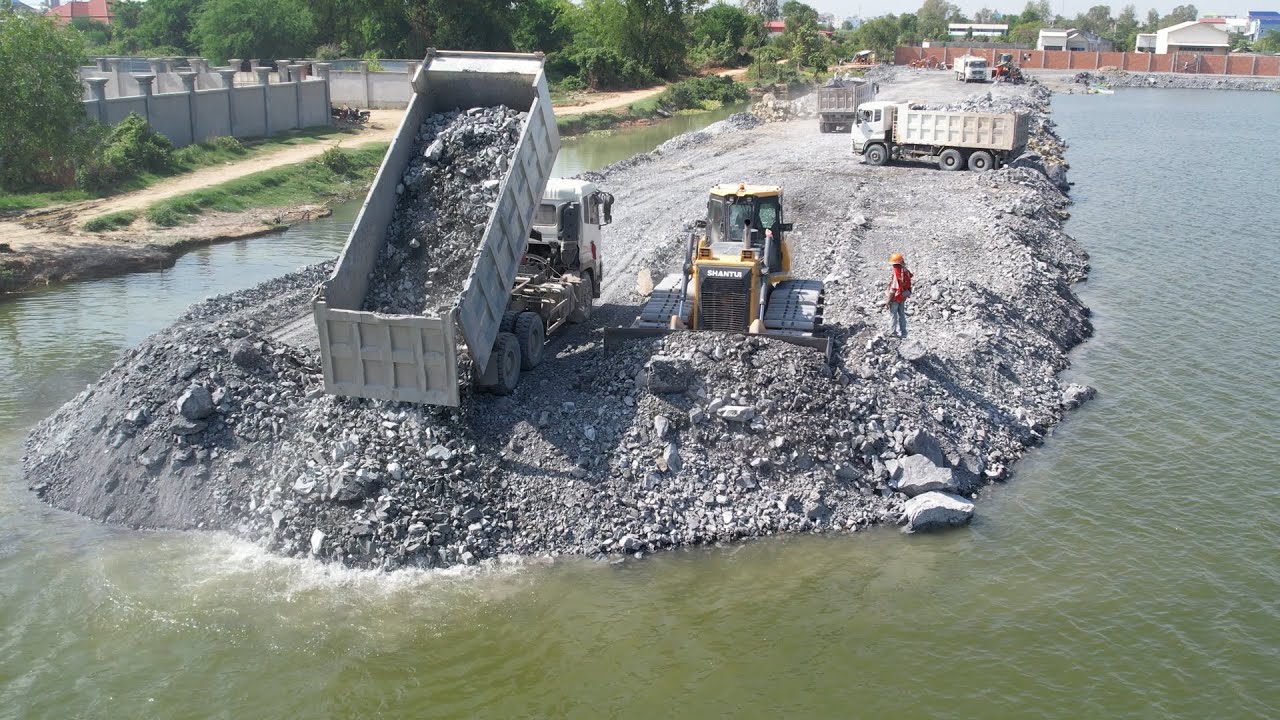 Most Amazing 10Wheel Dump Truck Unloading Stone To The Water Bulldozer Pushing Clearing Stone!