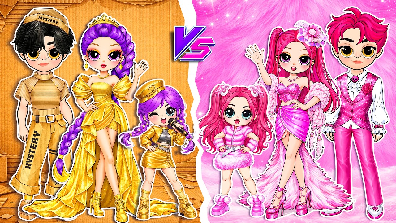 Cardboard Family vs Fluffy Family! Huntrix & Saja Boys Fashion Battle | DIY Fashion Paper Dolls