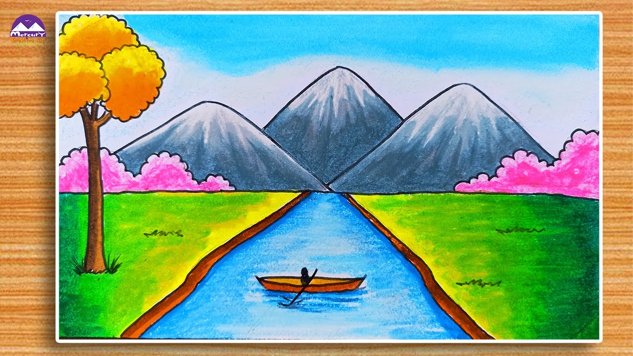 How to draw Boat with scenery | Beautiful nature scenery