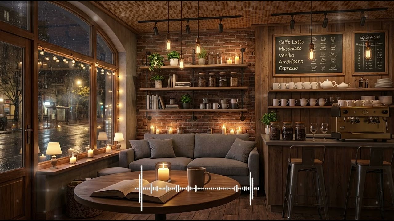 Cozy Coffee Shop with Gentle Night Rain ☕ Smooth Jazz Music  🎷✨