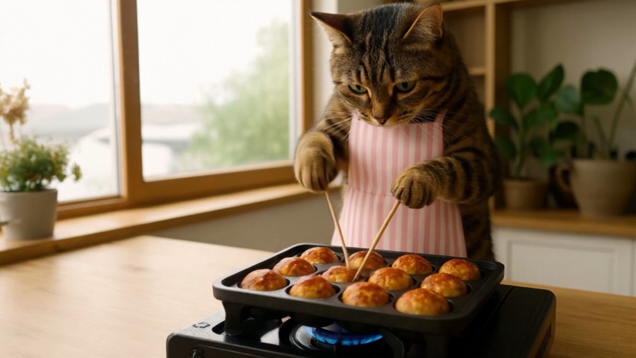 【AI Cat】キジトラ猫アンバーのたこ焼き作り！【料理】