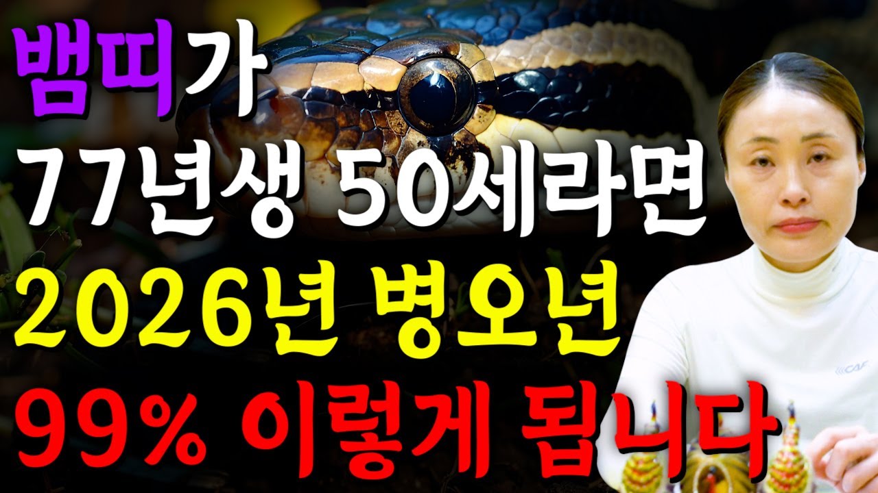 뱀띠가 1977년생 50세라면 2026년 병오년 운세에 말년을 책임질 대운이 들어옵니다! 2026년 병오년 50세 뱀띠운세 무조건 대박난다! 뱀띠 운세 확인하세요!