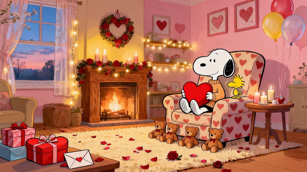 Valentine Fireplace Night with Snoopy 💖 | Soft Lofi Music for Study, Focus & Rest