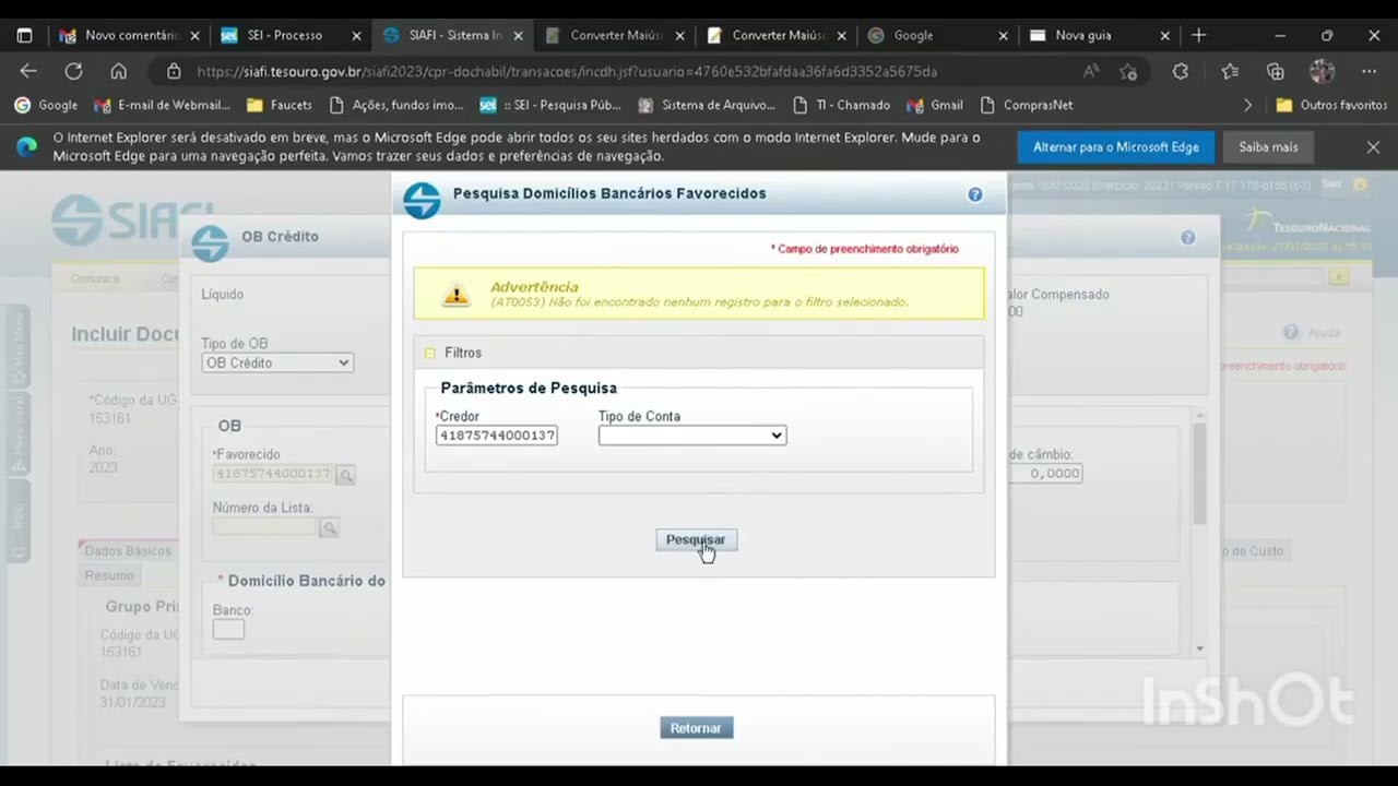 Adicionando Domic&iacute;lio Banc&aacute;rio do Credor - SIAFI