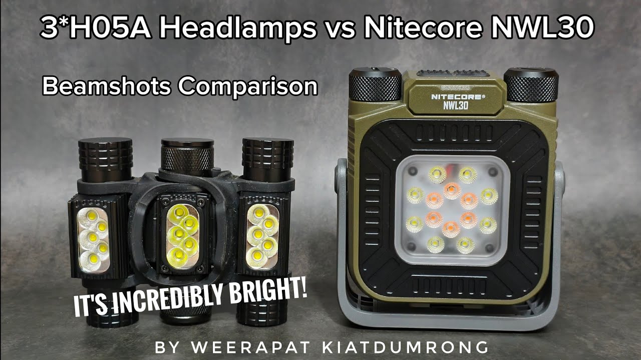 Сравнение световых лучей: кастомные налобные фонари 3 x H05A против Nitecore NWL30